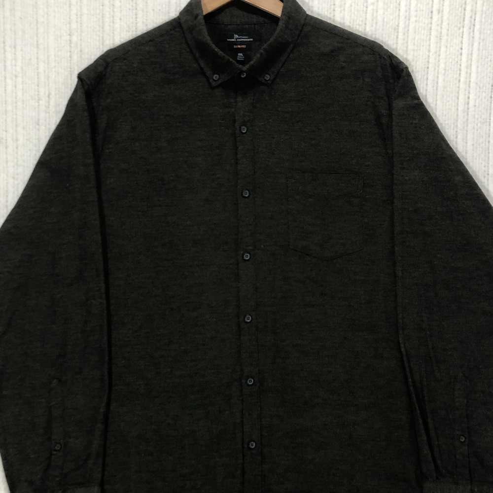 Marc Anthony Mens XXL Slim Fit Long Sleeve Herringbone Button Down Shirt Olive